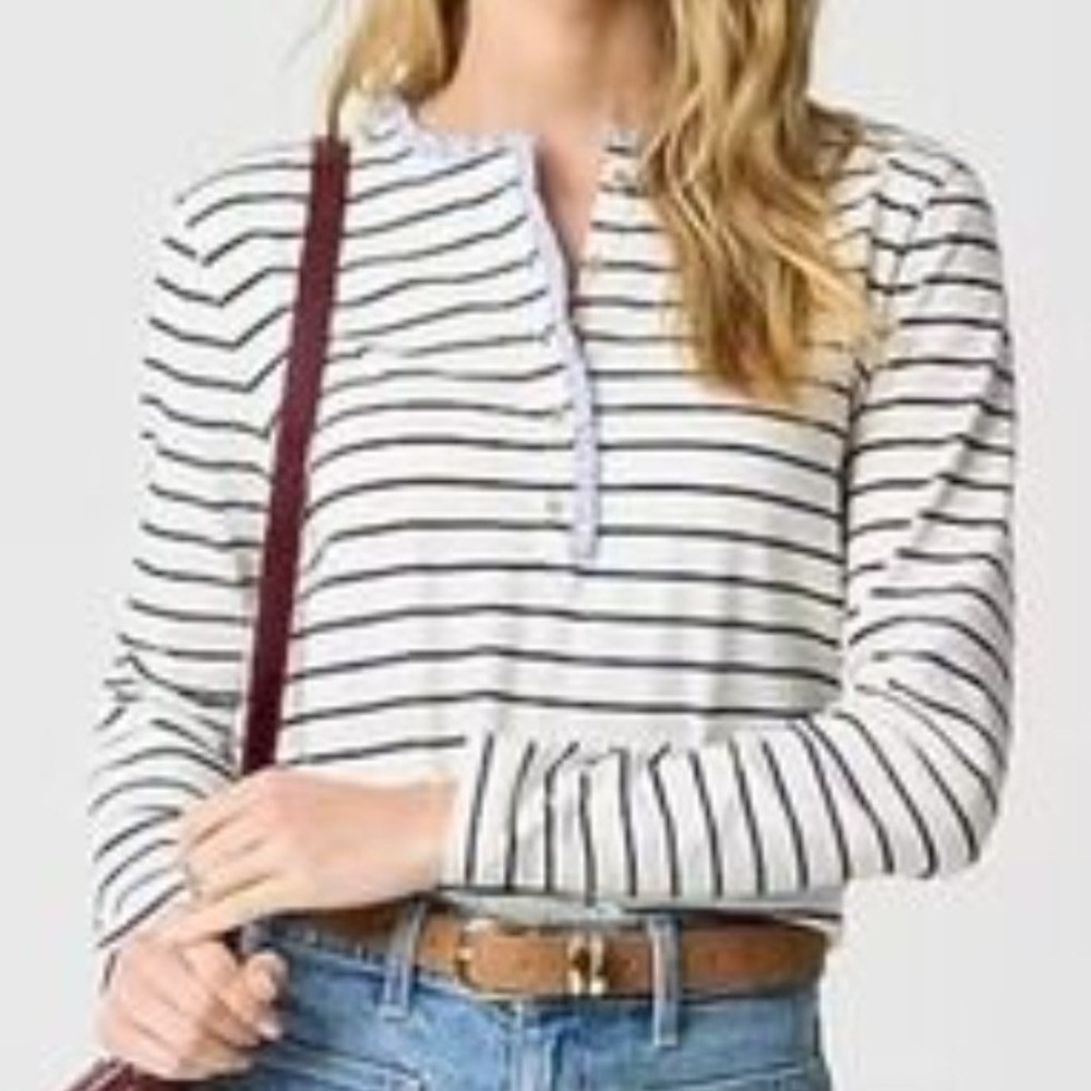NWT J.Crew Womens Striped Ruffle Neck Henley Top Navy Off White Size Medium